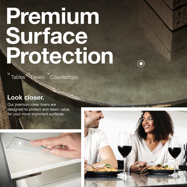 Advertisement for premium surface protection with text and images of a table, people dining, and a hand applying a clear liner. Crystal