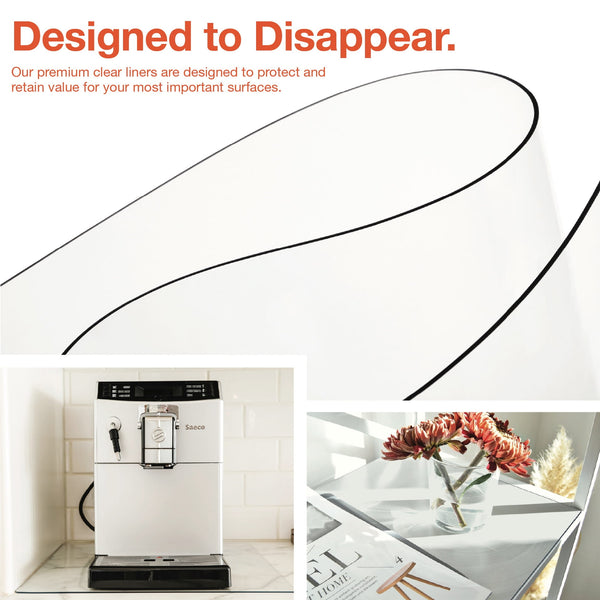 Clear liner advertisement with text 'Designed to Disappear' and images of a coffee machine and flowers on a table. Crystal