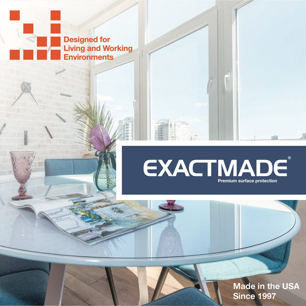 Dining room with glass table and chairs, featuring ExactMade logo. Crystal