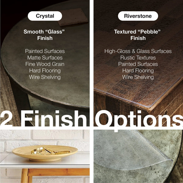 Comparison of Crystal and Riverstone finish options on furniture with text descriptions.