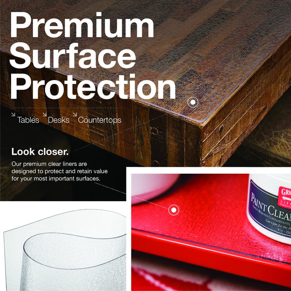 Advertisement for premium surface protection with a wooden surface, clear liner, and paint can. Riverstone