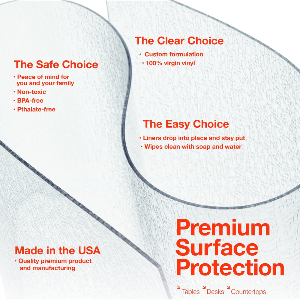 Advertisement for premium surface protection with clear vinyl liner, highlighting safety, ease of use, and Made in USA quality. Riverstone