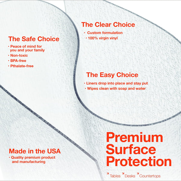 Advertisement for premium surface protection with clear vinyl liner, highlighting safety, ease of use, and Made in USA quality. Riverstone