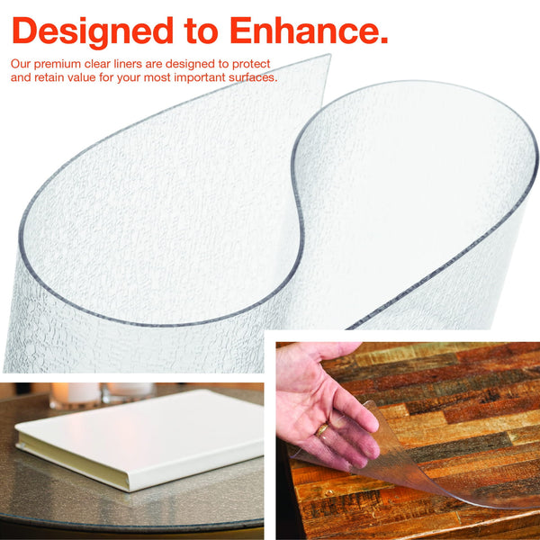 Clear protective liner being used on a book and a wooden surface with promotional text. Riverstone